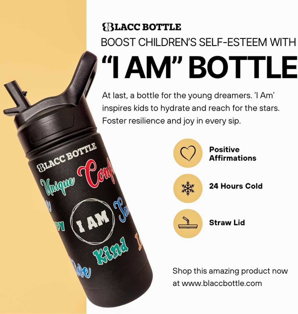 Brave Blue I AM Kids Water Bottle  - 16 oz Kids Wide Mouth w/ Straw Lid